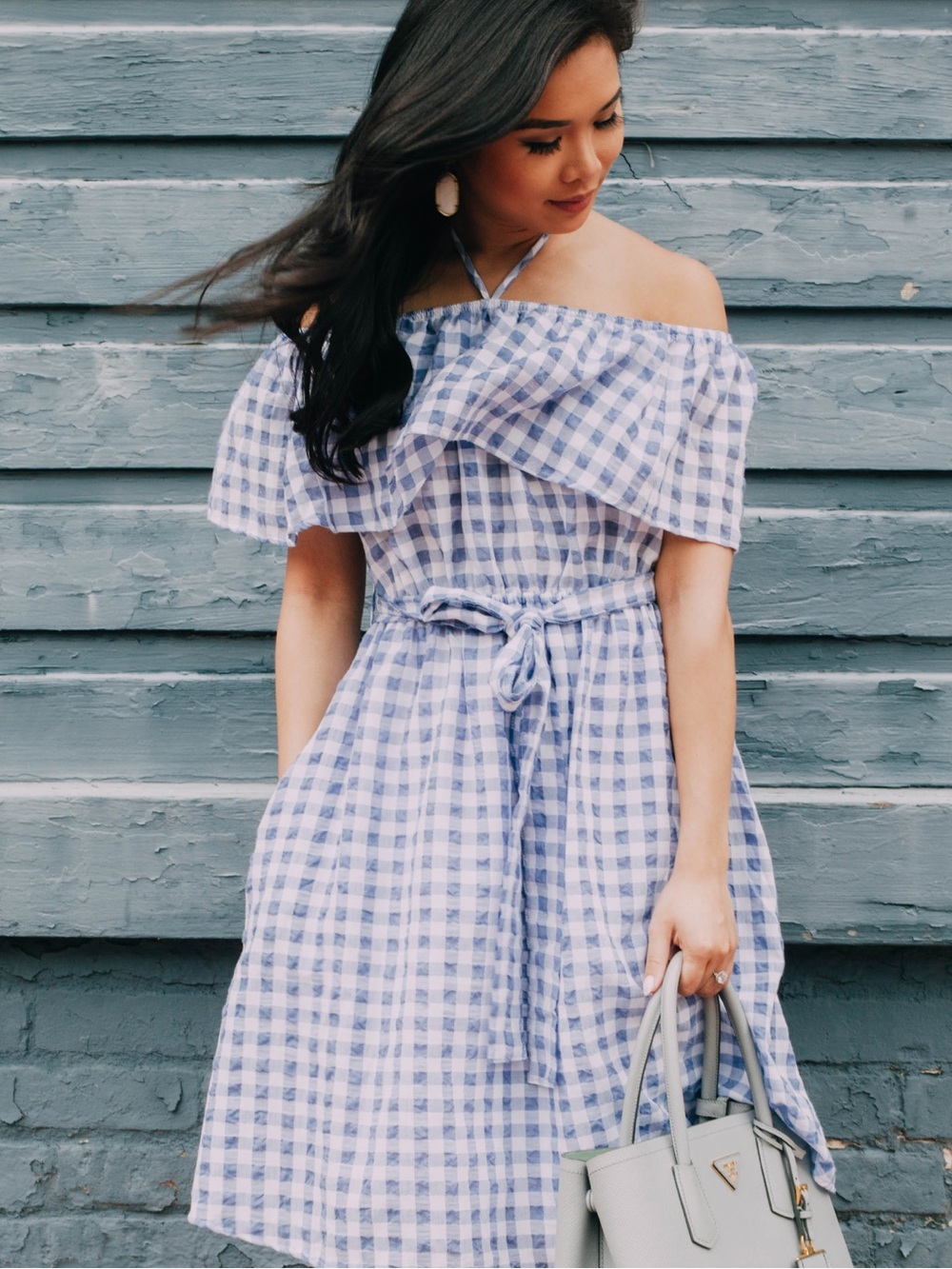 Anthropologie Kinsey blue & white gingham picnic off-the-shoulder dress Medium